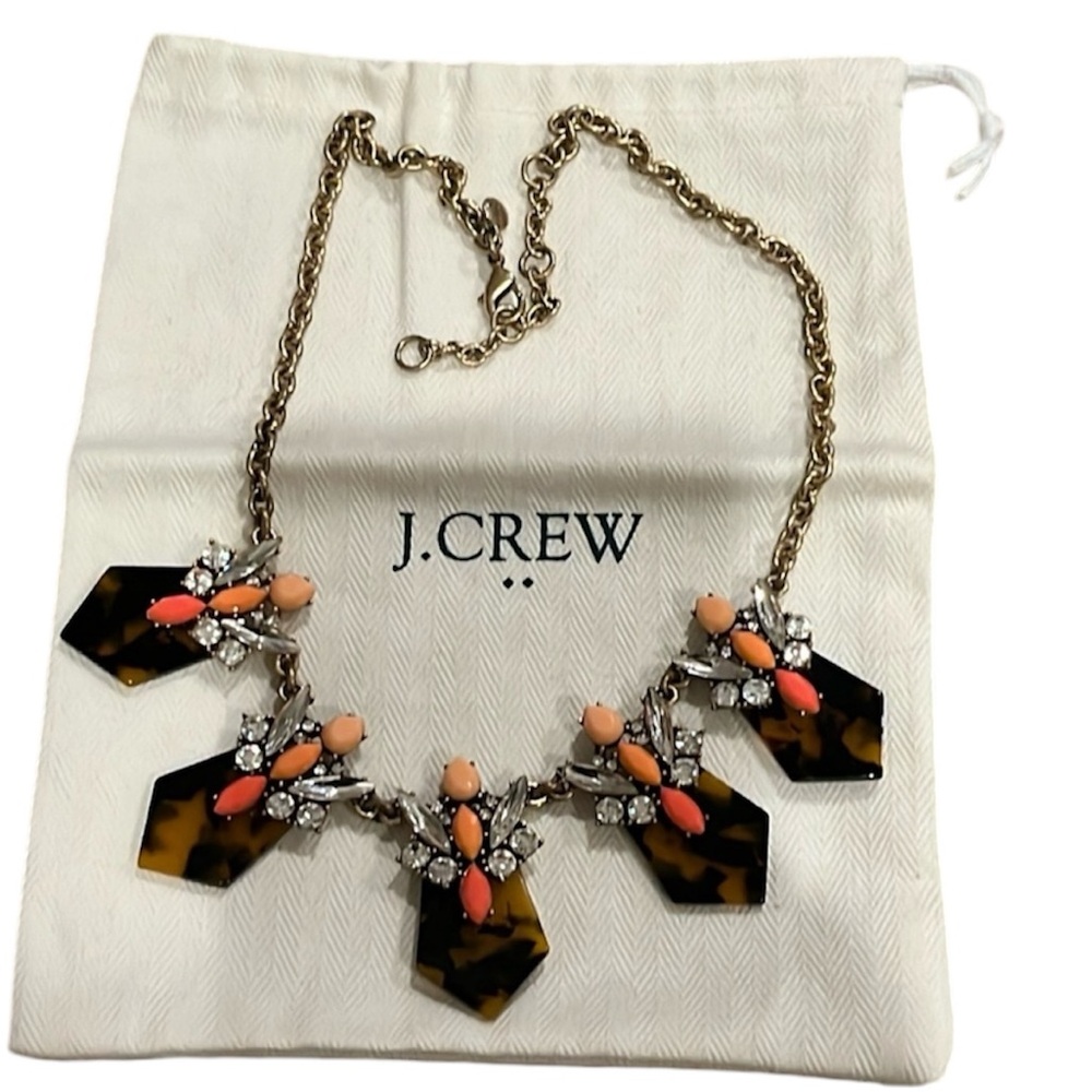 J. Crew Statement Necklace Gold tone Tortoise Clear Pink Coral Rhinestone 18-21”
